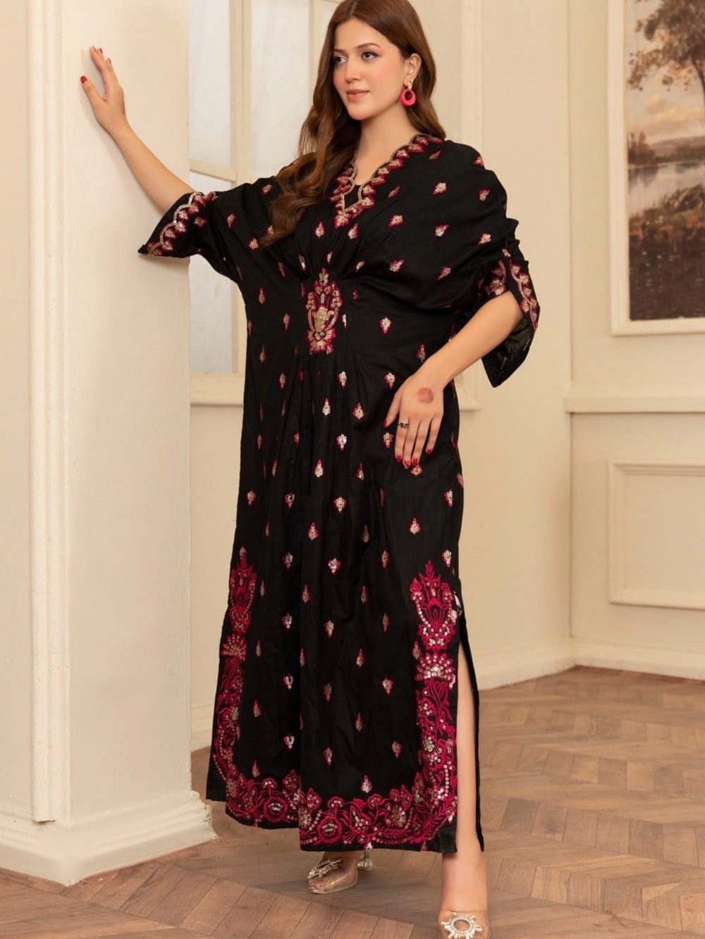 Black Embroidered Maxi Kaftan with Pink Accents